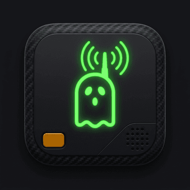 Icono de Fantasma PTT: un fantasma verde neón con antena sobre un walkie-talkie negro