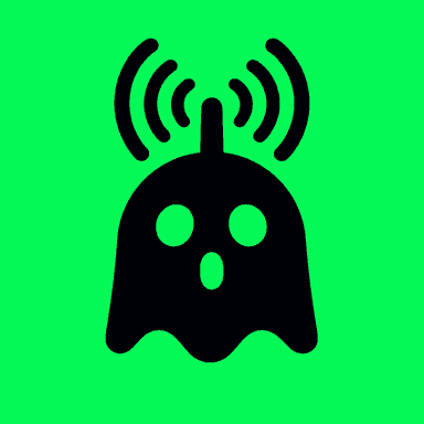 Icono de Ghostwave: un fantasma negro con antena sobre fondo verde neón