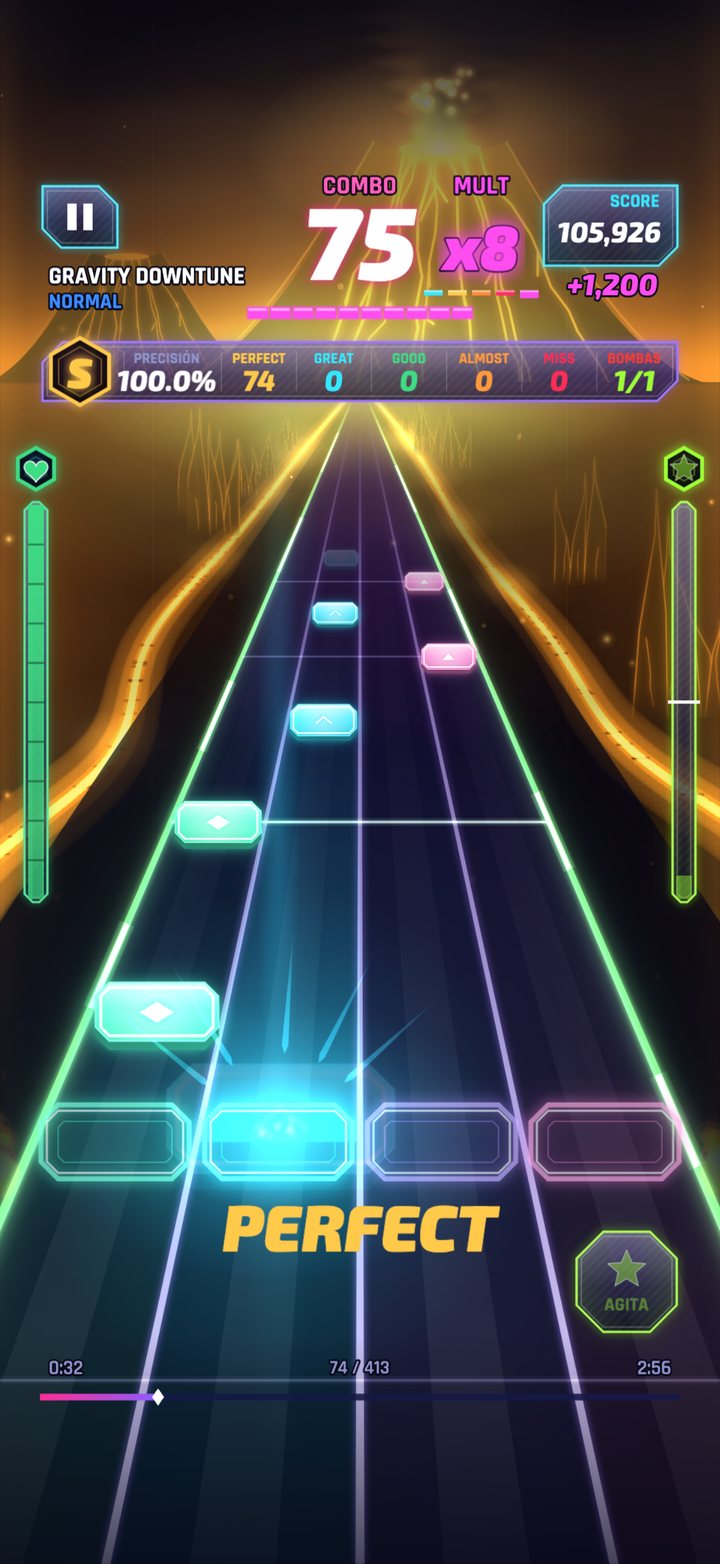 Una partida de Beat Slash con el combo en ×8 sobre un fondo de volcán