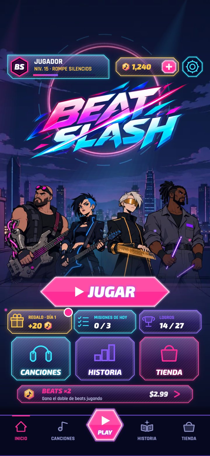 Pantalla de inicio de Beat Slash con la banda y el botón JUGAR